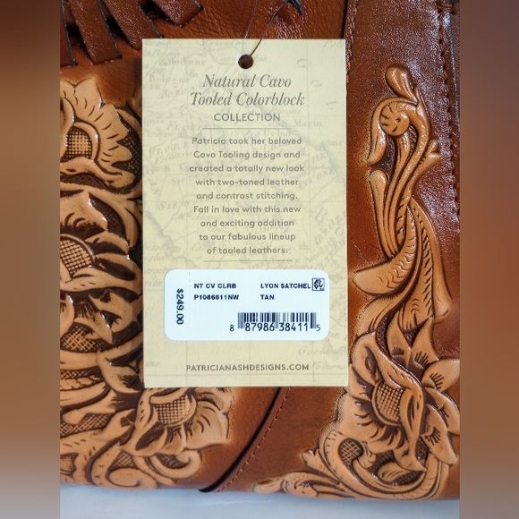 NWT Patricia Nash Lyon Tooled Leather Satchel with crossbody strap, Tan Multi - Picture 3 of 10